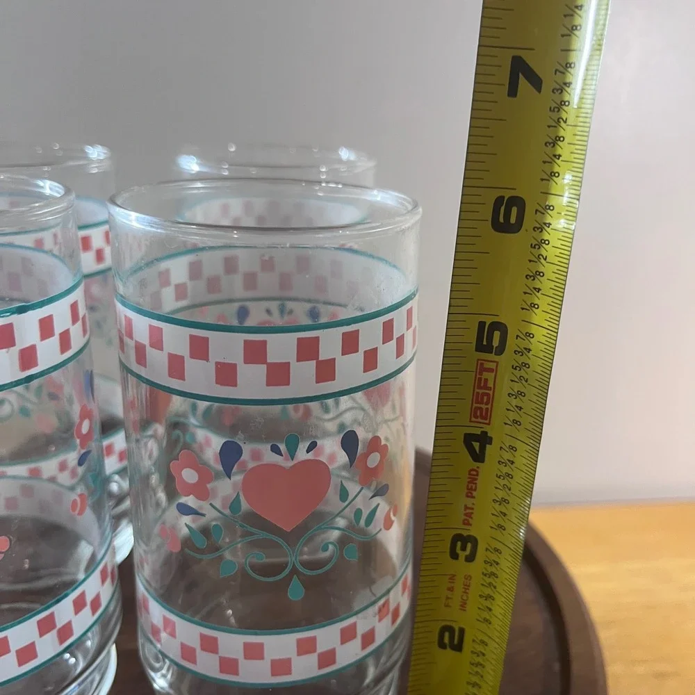 Vtg Set of 4 Country Heart Floral Pink Checkered Teal Glass Tumblers 5.75